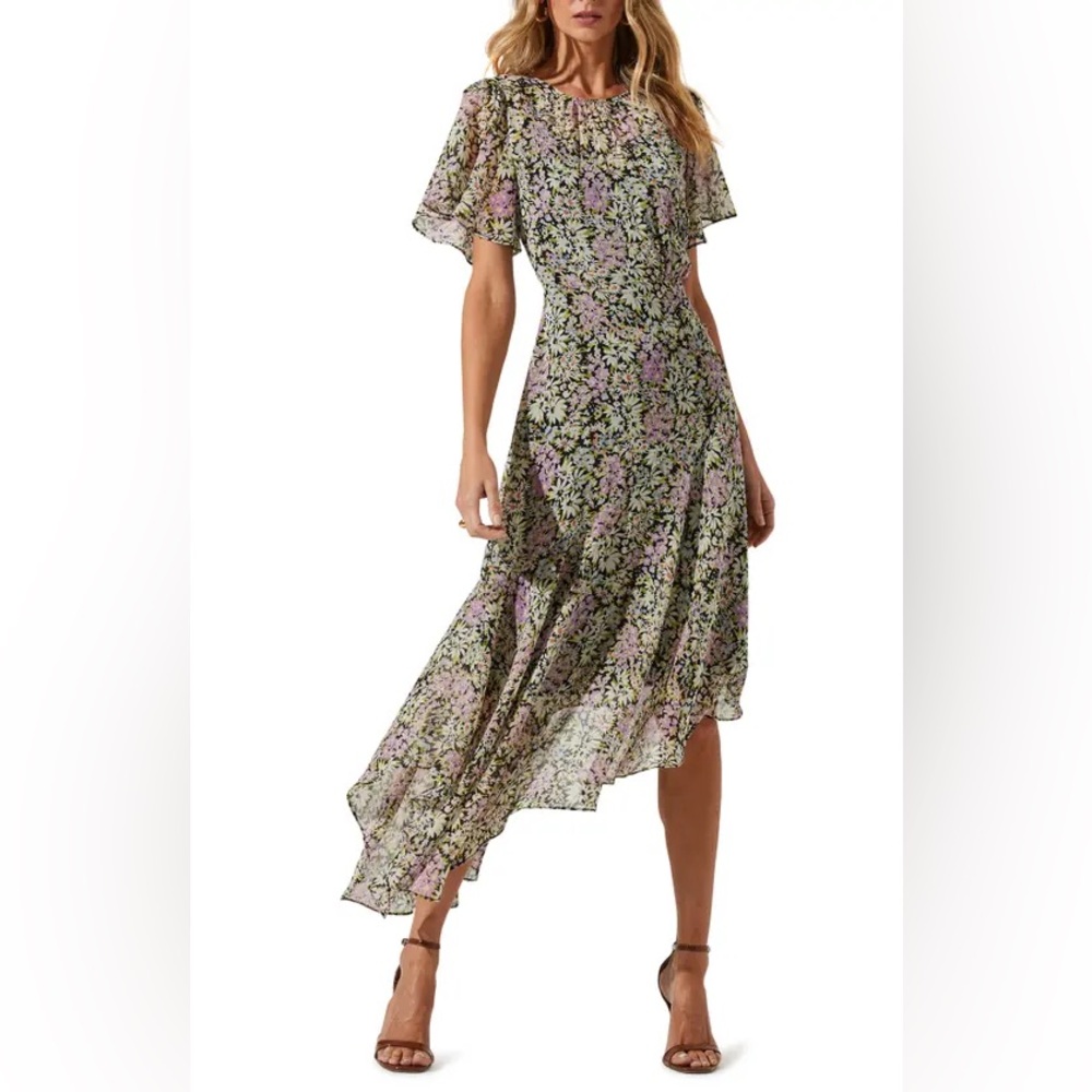 Astr High Low Dress with Floral Design in Black and Pink